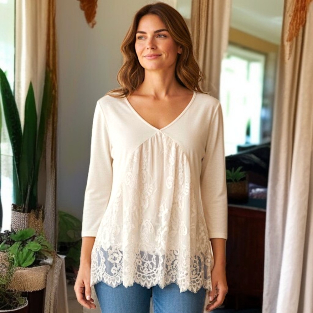 Romantic Lace Babydoll Top M Bohemian Flowy Cottage Coquette‎ Fairy Ivory Sheer